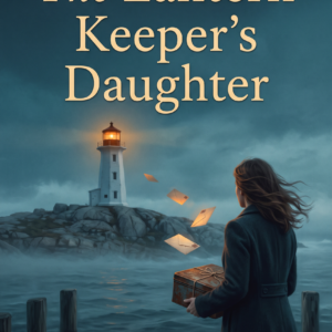 Book cover of The Lantern Keeper's Daughter by Trish Key: a woman holding a tin box of letters on a pier, facing a lighthouse in fog